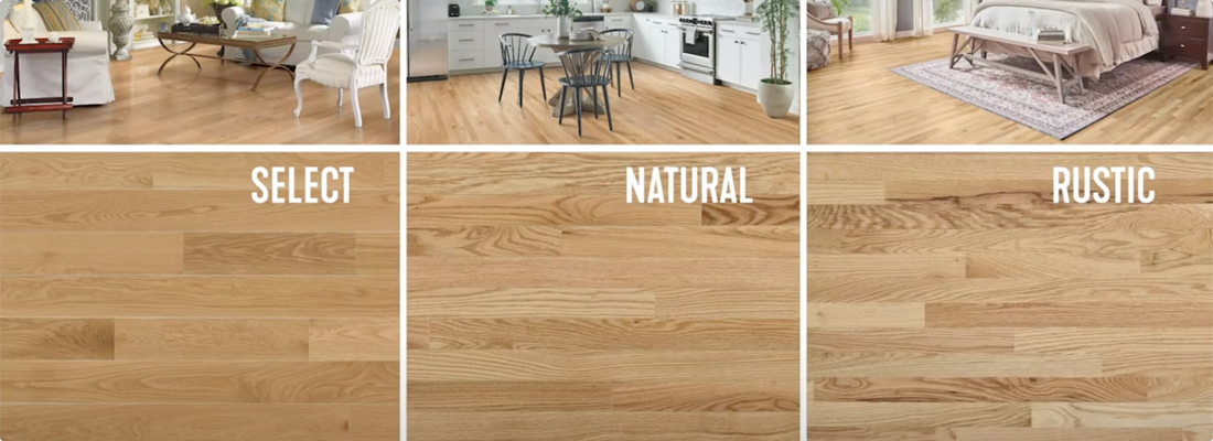 Wood flooring grades including Select, Natural, and Rustic